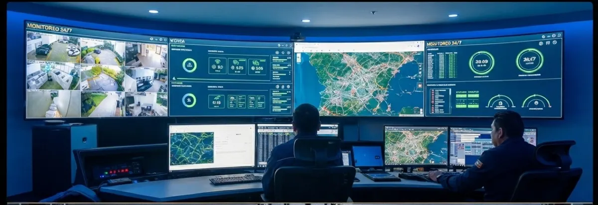 Central de monitoreo GEOVIP: operadores frente a pantallas de cámaras y mapas