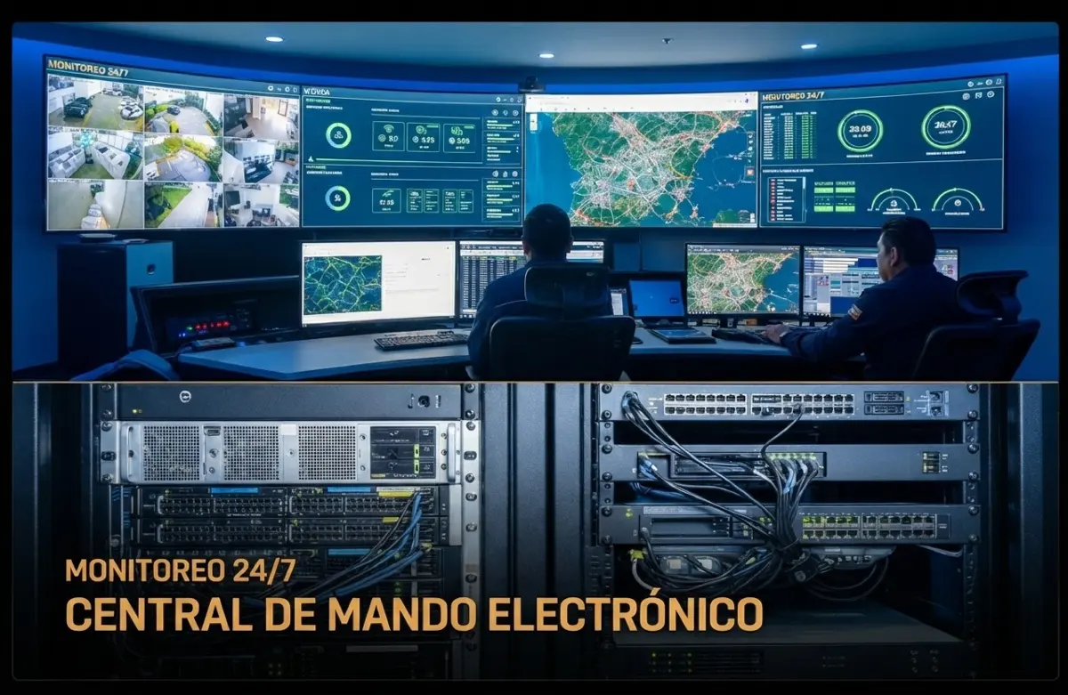 Central de Mando Electrónico GEOVIP — sala de monitoreo 24/7 y servidores